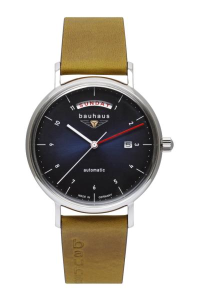 Bauhaus Herrenuhr Automatik mit Wochentagsanzeige und Lederarmband